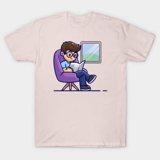 Man Reading Newspaper On Sofa Cartoon T-Shirt